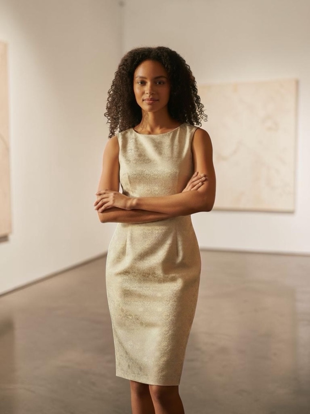 Sleeveless Cream Jacquard Midi Sheath Dress